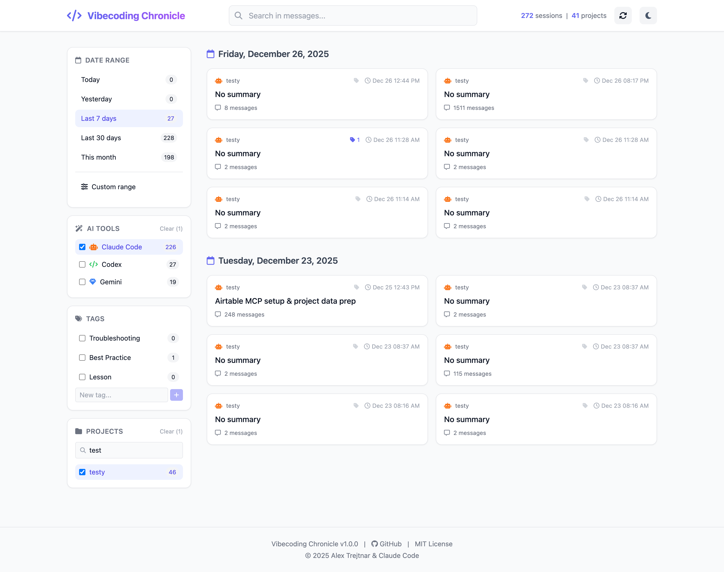 Vibecoding Chronicle - Session browser interface